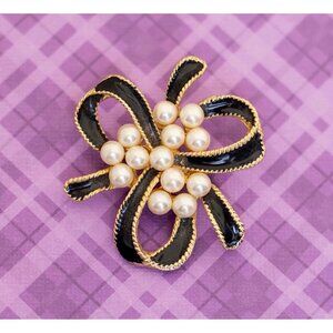 Vintage Spiral Black Ribbon Faux Pearls Gold Tone Brooch - V13